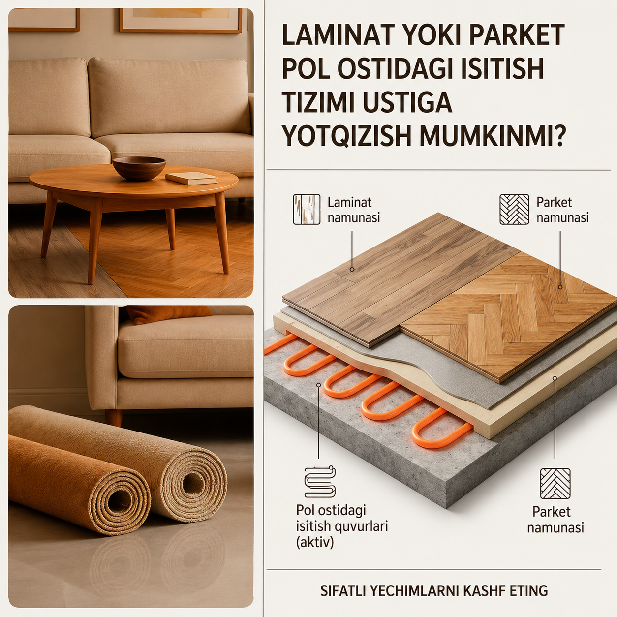Laminat va parketni issiq pol tizimi ustiga o‘rnatish mumkinmi?